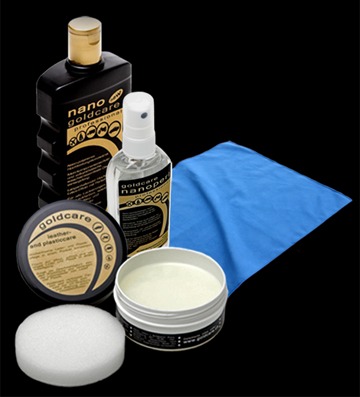 nano goldcare Lederpflegeset: Flasche, Spray, Dose mit Wachs, Mikrofasertuch und Schwamm